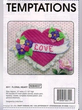Vtg Temptations Floral Heart Love Plastic Canvas Needlepoint Cross Stitch Kit